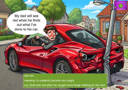 Cartoon illustration of a man crashing a red sports car into a lamppost while worrying that his dad will “see red” when he finds out, showing the idiom meaning to become very angry.