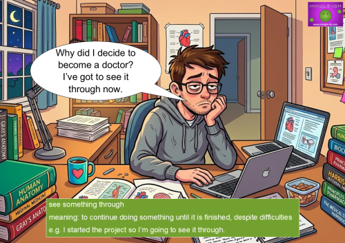 A medical student studying late at night looking exhausted, visualizing the idiom "see something through."