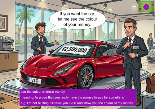 A comic illustration of a man in a car showroom proving he has enough money to buy a luxury car, illustrating the idiom "see the colour of one’s money."