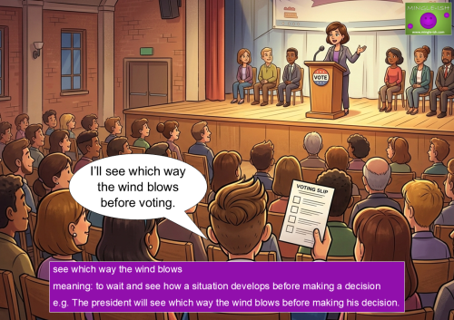 Cartoon election scene showing a voter holding a voting slip while listening to political speeches, illustrating the idiom “see which way the wind blows”.