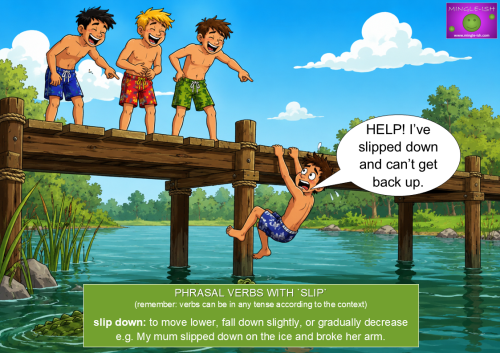 Cartoon of a boy who has slipped down from a wooden bridge over a lake while his friends laugh and a crocodile approaches below, illustrating the phrasal verb “slip down”.