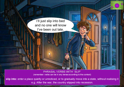 A cartoon illustration of a teenage boy quietly slipping into his house at night after a party to demonstrate the phrasal verb slip into.
