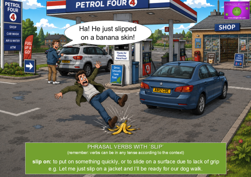 A comic-style illustration at a petrol station showing a man losing his balance after stepping on a banana peel and another man putting on a jacket, demonstrating the two meanings of the phrasal verb "slip on."