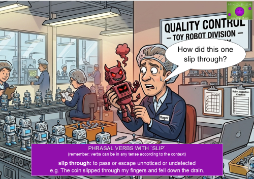 A cartoon illustration of a robot factory inspection line where a worried quality control worker holds a red devil-themed robot that has slipped through the QC process.