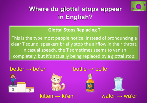 Infographic explaining glottal stops replacing the T sound in British English pronunciation with examples like better, kitten, bottle, and water"