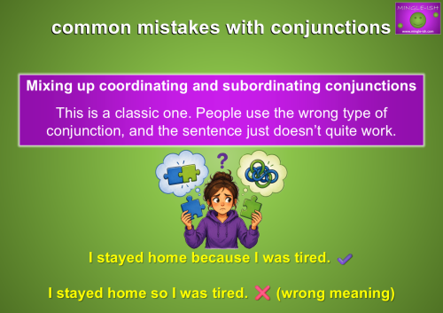 Infographic illustration explaining the common mistake of mixing up coordinating and subordinating conjunctions, featuring correct and incorrect sentence examples.