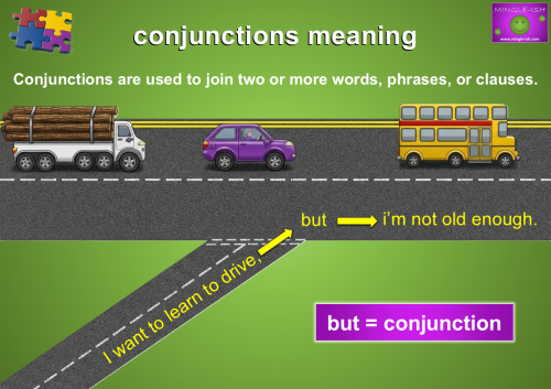 Conjunctions meaning example showing the conjunction "but" joining two clauses in the sentence "I want to learn to drive, but I'm not old enough."