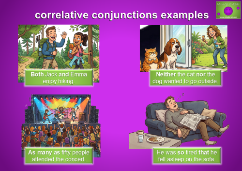 Correlative conjunctions examples infographic showing sentences with both...and, neither...nor, as many as and so...that, using colourful cartoon illustrations to teach English grammar.