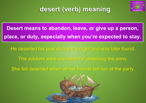 Desert homograph verb meaning illustration showing people abandoning a damaged ship, explaining the word desert as to leave or abandon a person, place, or duty.