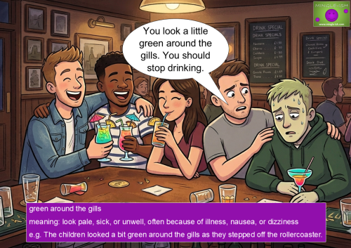 Cartoon illustration of the idiom "green around the gills" showing a pale, unwell-looking man in a pub while a friend comments that he looks green around the gills.