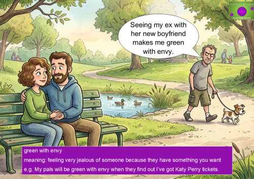 Cartoon illustration of a man looking jealous while walking his dog, showcasing the English idiom "green with envy" as he watches his ex-girlfriend with her new boyfriend on a park bench.
