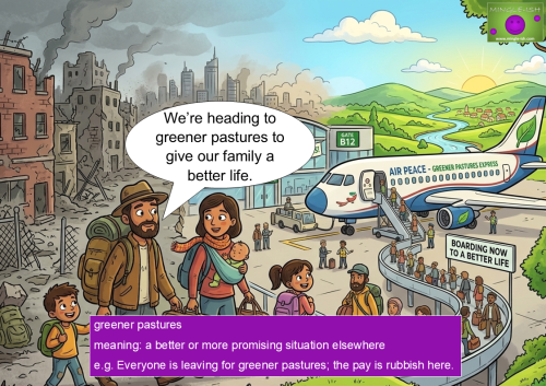 Cartoon family walking away from a destroyed city toward a lush green airport, illustrating the English idiom 'greener pastures'