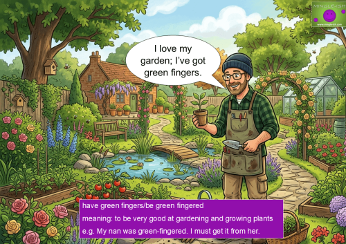 Illustration of a gardener with green fingers tending a colourful garden full of flowers, vegetables and a pond, representing the English idiom "have green fingers", meaning to be skilled at gardening.