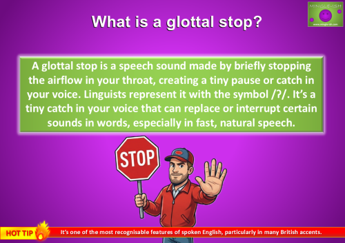 Glottal stop pronunciation infographic explaining the speech sound /ʔ/, with a cartoon holding a stop sign to illustrate briefly stopping airflow in spoken English.