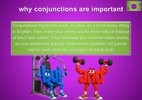 Why conjunctions are important in English grammar, featuring the conjunctions "but" and "and" as cartoon gym characters demonstrating how conjunctions connect ideas and improve sentence flow.