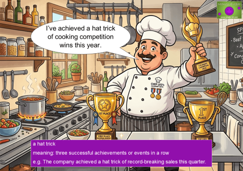 Cartoon chef in kitchen celebrating a "hat trick" of competition wins with three trophies.