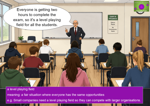Cartoon teacher addressing students during an exam to illustrate the idiom "a level playing field."