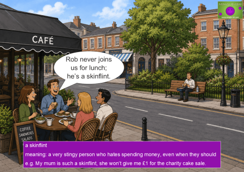 A cartoon illustration explaining the skin idiom a skinflint with friends eating at a café