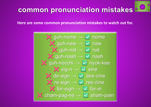 Infographic showing common pronunciation mistakes and correct pronunciations for silent G words in English