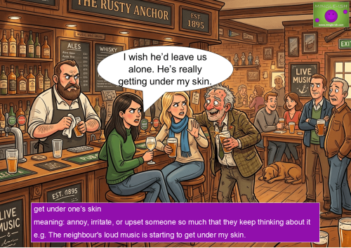 Cartoon illustration from get under one's skin.jpg showing an annoying man bothering two women at a pub bar. A thought bubble reads, "I wish he’d leave us alone. He’s really getting under my skin." A purple banner at the bottom defines the skin idiom.