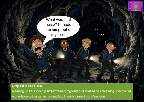 An illustration of four startled schoolboys in a dark cave illustrating the idiom jump out of one's skin.