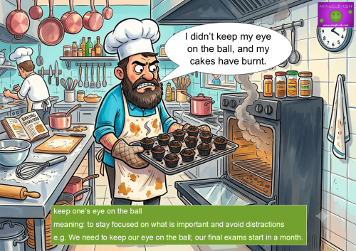 Cartoon illustration of a stressed baker in a messy kitchen holding a tray of burnt cupcakes and explaining, 'I didn't keep my eye on the ball,' relating to the idiom on the screen.
