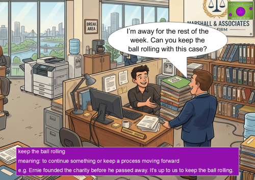 Cartoon illustration of a boss handing a large stack of files to an office worker to illustrate the football idiom "keep the ball rolling.