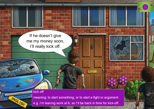 An illustration of a man with a weapon about to 'kick off' outside a house with a broken window, defining the football idiom