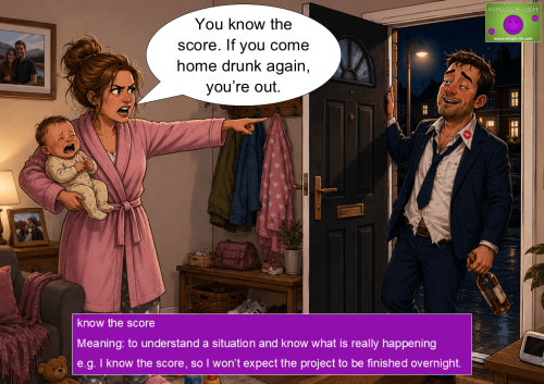 Cartoon illustration of an angry woman holding a baby as she orders her drunk husband out of the house, illustrating the football idiom "know the score".