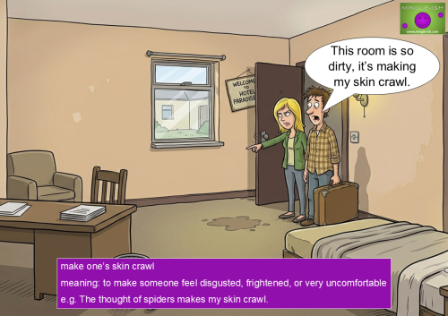 Cartoon illustration of the skin idiom 'make one's skin crawl' showing a disgusted couple entering a dirty hotel room.
