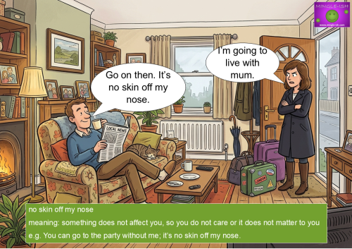 An educational cartoon illustrating the idiom "no skin off my nose," showing an unbothered man sitting in a living room armchair reading a newspaper while his angry wife stands by the open front door with packed suitcases.