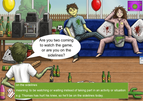 Cartoon illustration of two sick zombies on a couch with a speech bubble and text box explaining the football idiom "on the sidelines."