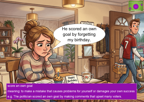 Cartoon illustrating the football idiom "score an own goal" showing an upset woman sitting by a birthday muffin while her husband leaves to watch a match, having forgotten her birthday.
