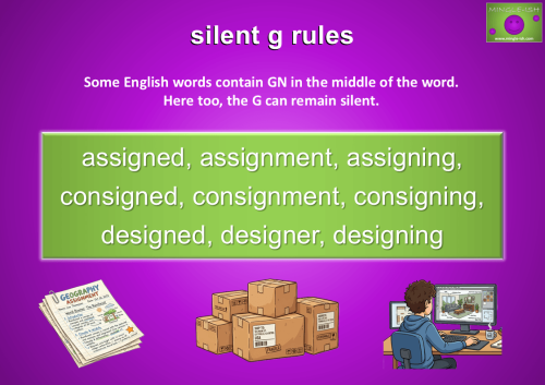 Silent G rules infographic showing example words with GN in the middle like assignment, consignment, and design