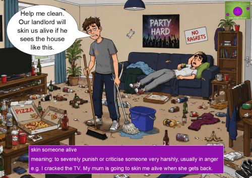 An illustration of a messy living room after a party showing the idiom skin someone alive