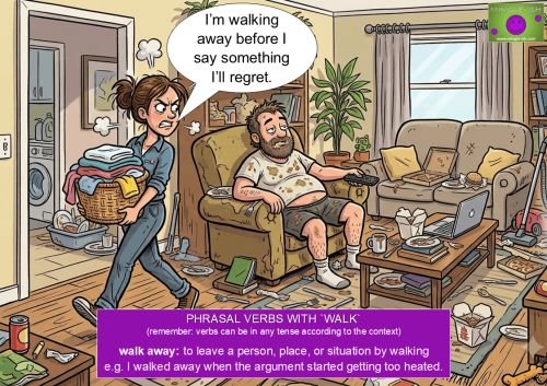 Cartoon illustration demonstrating the phrasal verb 'walk away' with an angry woman leaving her lazy husband in a messy living room.
