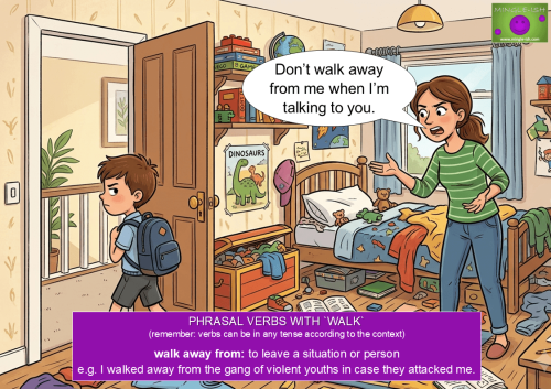 Cartoon illustration depicting the phrasal verb walk away from as a boy ignores his mother in a messy room