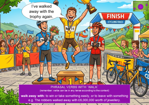 Cartoon of a winning cyclist on a podium holding a trophy to illustrate the phrasal verb walk away with