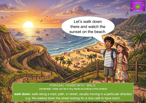 Mingle-ish grammar graphic explaining the phrasal verb 'walk down' with a cartoon couple looking at a beach sunset.