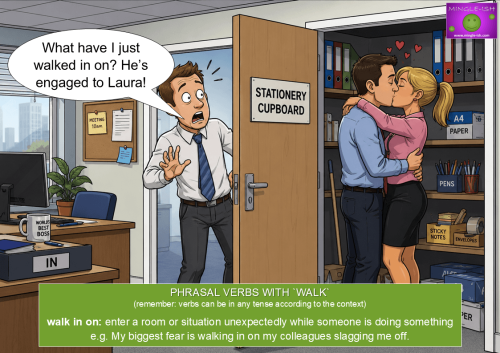 Cartoon of a man walking into a stationery cupboard and unexpectedly finding two colleagues kissing, illustrating the phrasal verb "walk in on".