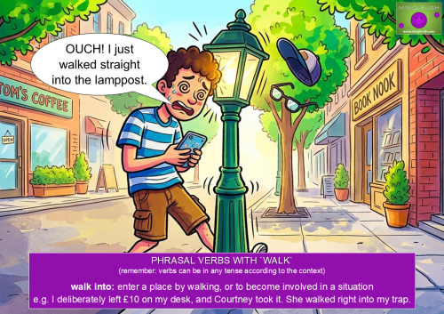 A cartoon illustration showing a boy who walked into a lamppost while looking down at his smartphone to teach English phrasal verbs with walk.