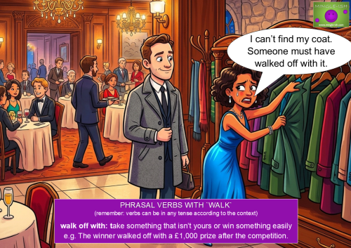Cartoon illustration from Mingle-ish illustrating the phrasal verb 'walk off with' as a distressed woman searches for her missing coat at a restaurant coat rack.