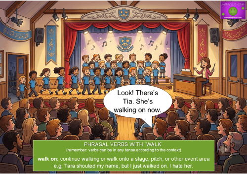 Cartoon of children walking onto a school stage during a concert illustrating the phrasal verb 'walk on' meaning to enter a stage or continue walking.