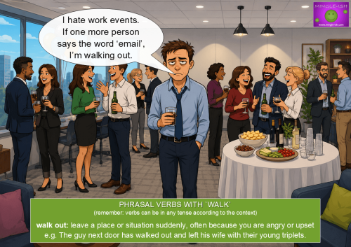Mingle-ish English grammar illustration explaining the phrasal verb 'walk out' with a cartoon of a frustrated man at a busy office party.
