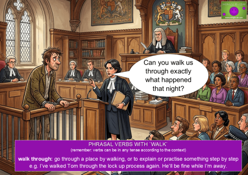 Cartoon courtroom scene showing a lawyer asking a witness to walk the jury through what happened, illustrating the phrasal verb "walk through".