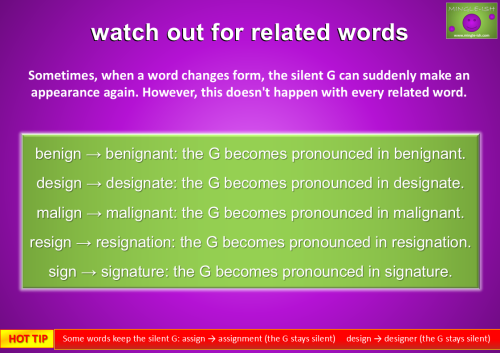 Infographic showing how the silent G is pronounced in related English words such as sign to signature, resign to resignation, and design to designate, with examples where the G remains silent.