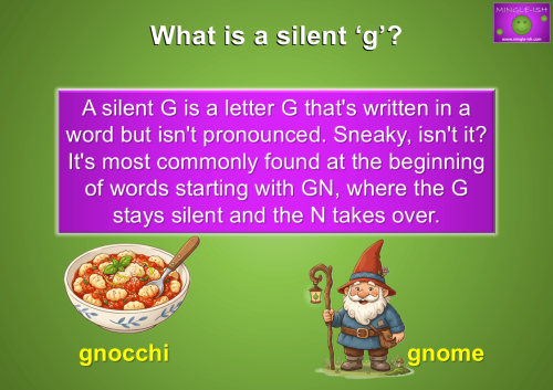 Infographic explaining what a silent G is in English, with the examples "gnocchi" and "gnome" showing that the G is not pronounced.