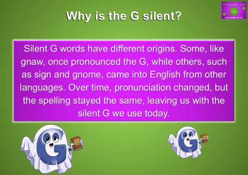 Educational graphic titled Why is the G silent explaining the origins of silent G words in English