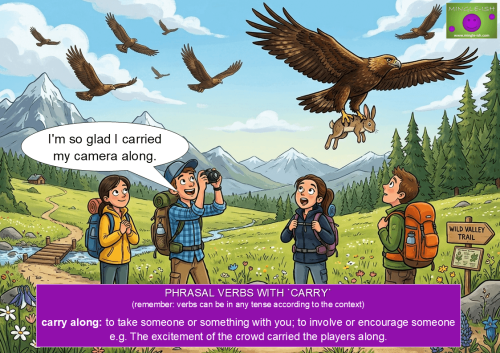 An illustration of hikers watching an eagle with a speech bubble about 'carry along.'