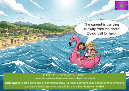 Cartoon illustration illustrating the phrasal verb "carry away" with children stranded on a pink inflatable flamingo at sea.